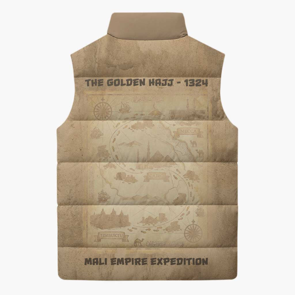 Mansa Musa Sleeveless Puffer Jacket Sepia Map Historic Pilgrimage Empire Expedition 1324 African Royalty Legacy - African Pride