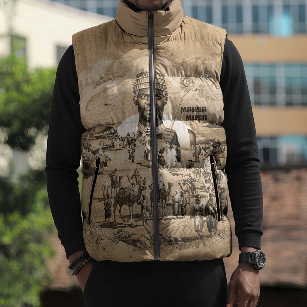 Mansa Musa Sleeveless Puffer Jacket Sepia Map Historic Pilgrimage Empire Expedition 1324 African Royalty Legacy - African Pride