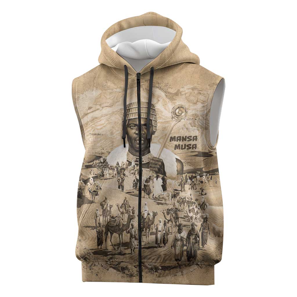 Mansa Musa Sleeveless Zip Hoodie Sepia Map Historic Pilgrimage Empire Expedition 1324 African Royalty Legacy - African Pride