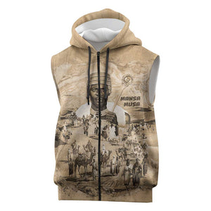Mansa Musa Sleeveless Zip Hoodie Sepia Map Historic Pilgrimage Empire Expedition 1324 African Royalty Legacy - African Pride