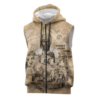 Mansa Musa Sleeveless Zip Hoodie Sepia Map Historic Pilgrimage Empire Expedition 1324 African Royalty Legacy - African Pride