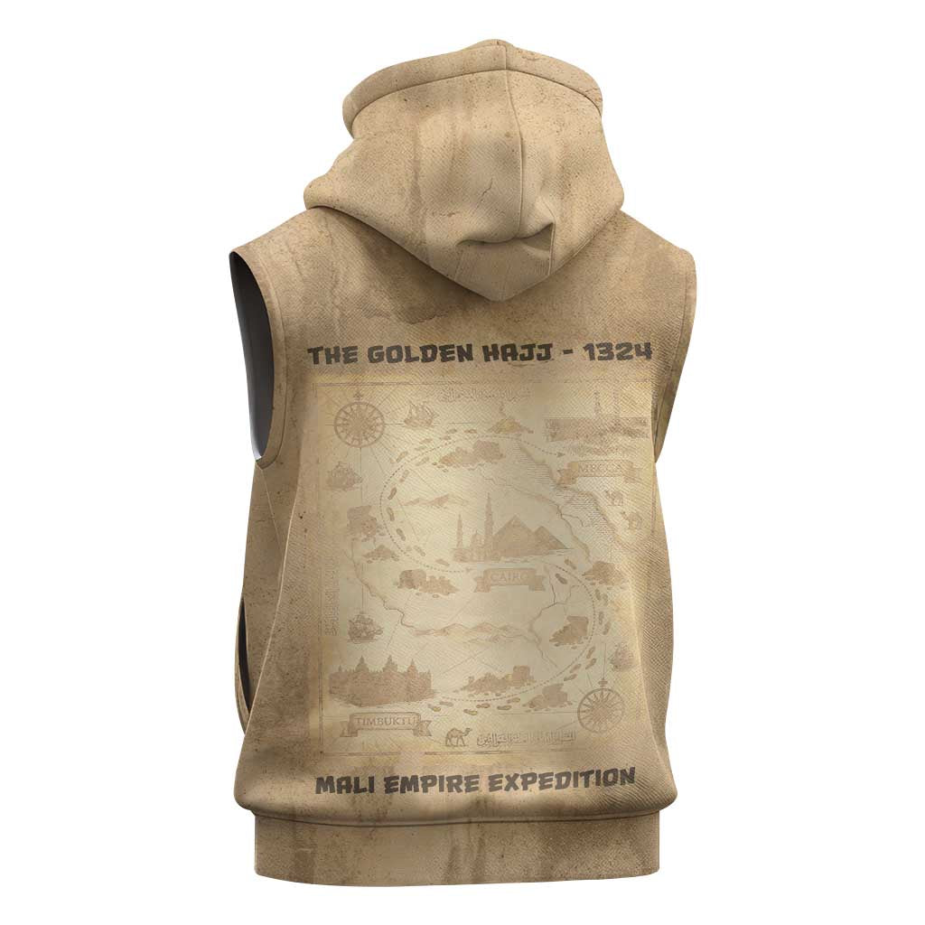 Mansa Musa Sleeveless Zip Hoodie Sepia Map Historic Pilgrimage Empire Expedition 1324 African Royalty Legacy - African Pride