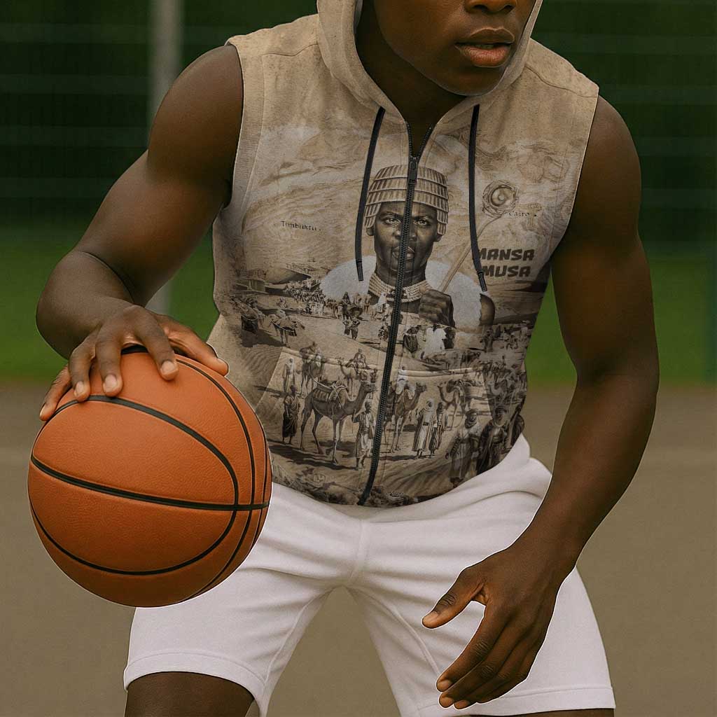 Mansa Musa Sleeveless Zip Hoodie Sepia Map Historic Pilgrimage Empire Expedition 1324 African Royalty Legacy - African Pride