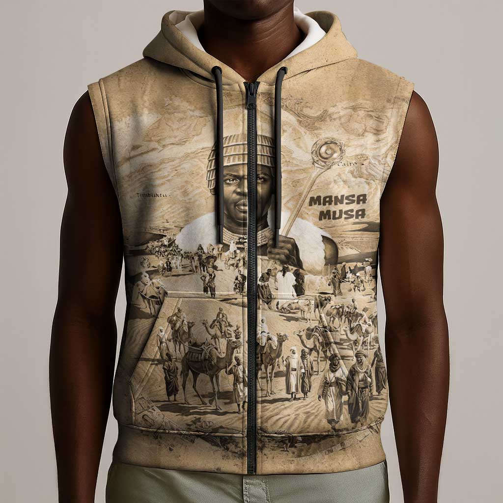 Mansa Musa Sleeveless Zip Hoodie Sepia Map Historic Pilgrimage Empire Expedition 1324 African Royalty Legacy - African Pride