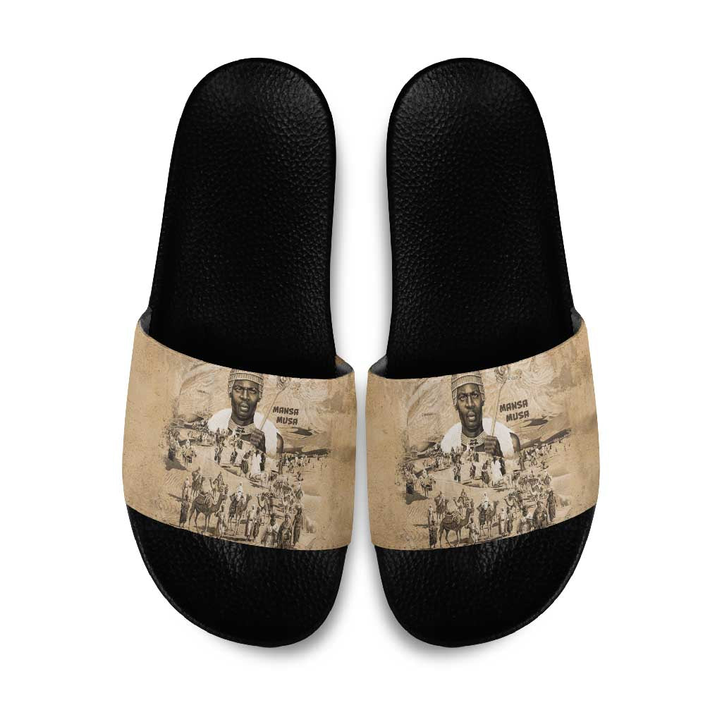 Mansa Musa Slide Sandals Sepia Map Historic Pilgrimage Empire Expedition 1324 African Royalty Legacy - African Pride