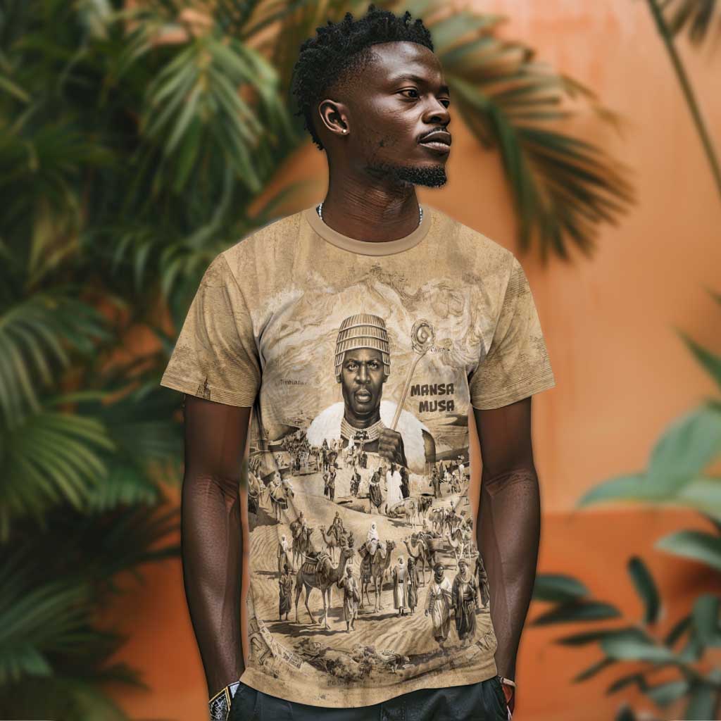 Mansa Musa T shirt Sepia Map Historic Pilgrimage Empire Expedition 1324 African Royalty Legacy - African Pride