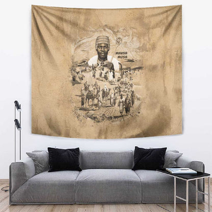 Mansa Musa Tapestry Sepia Map Historic Pilgrimage Empire Expedition 1324 African Royalty Legacy - African Pride