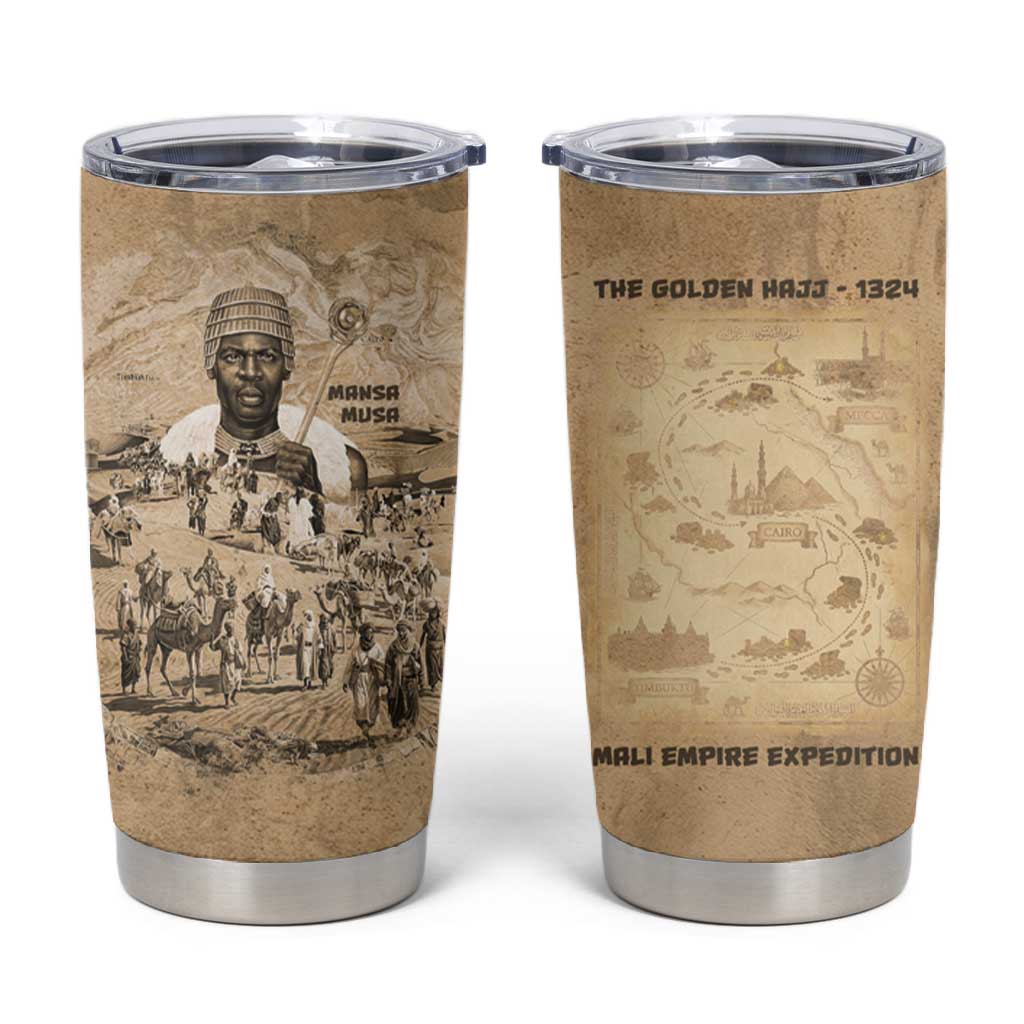 Mansa Musa Tumbler Cup Sepia Map Historic Pilgrimage Empire Expedition 1324 African Royalty Legacy - African Pride
