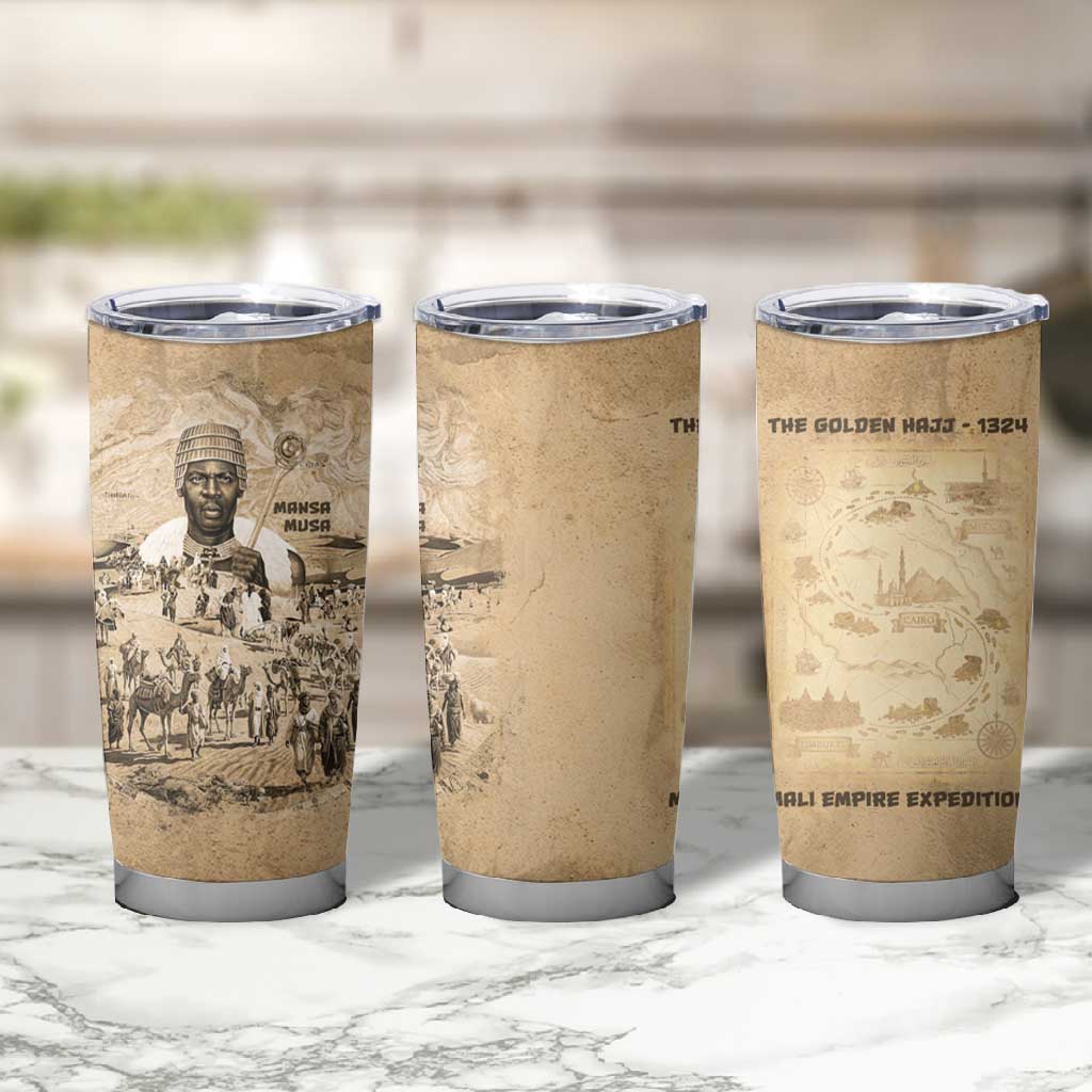 Mansa Musa Tumbler Cup Sepia Map Historic Pilgrimage Empire Expedition 1324 African Royalty Legacy - African Pride