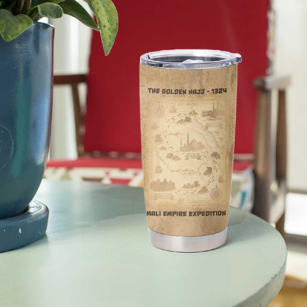 Mansa Musa Tumbler Cup Sepia Map Historic Pilgrimage Empire Expedition 1324 African Royalty Legacy - African Pride