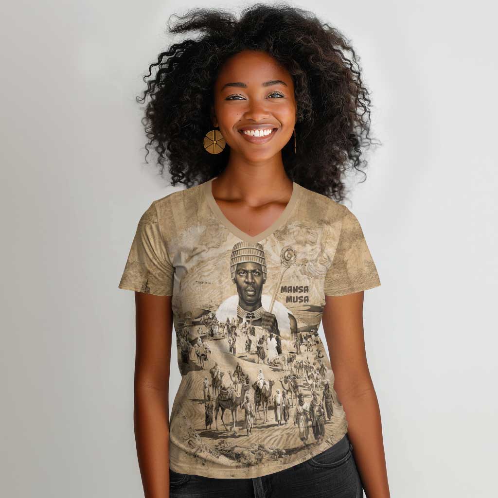 Mansa Musa Women V-Neck T-Shirt Sepia Map Historic Pilgrimage Empire Expedition 1324 African Royalty Legacy - African Pride