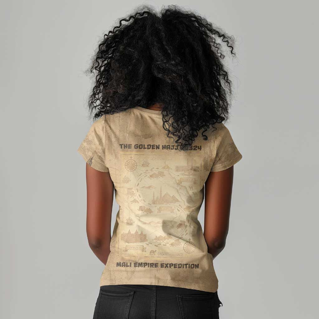 Mansa Musa Women V-Neck T-Shirt Sepia Map Historic Pilgrimage Empire Expedition 1324 African Royalty Legacy - African Pride