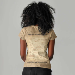 Mansa Musa Women V-Neck T-Shirt Sepia Map Historic Pilgrimage Empire Expedition 1324 African Royalty Legacy - African Pride