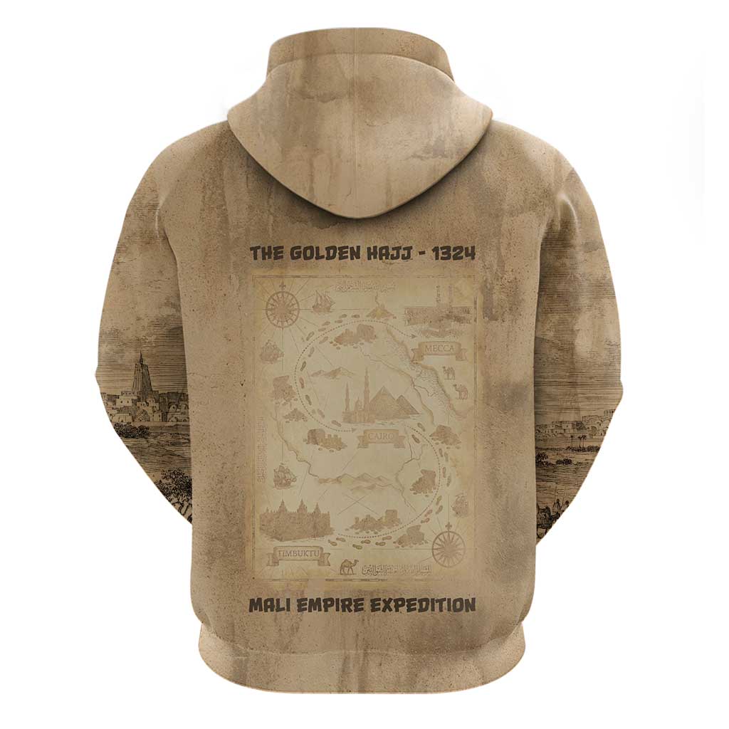 Mansa Musa Zip Hoodie Sepia Map Historic Pilgrimage Empire Expedition 1324 African Royalty Legacy - African Pride
