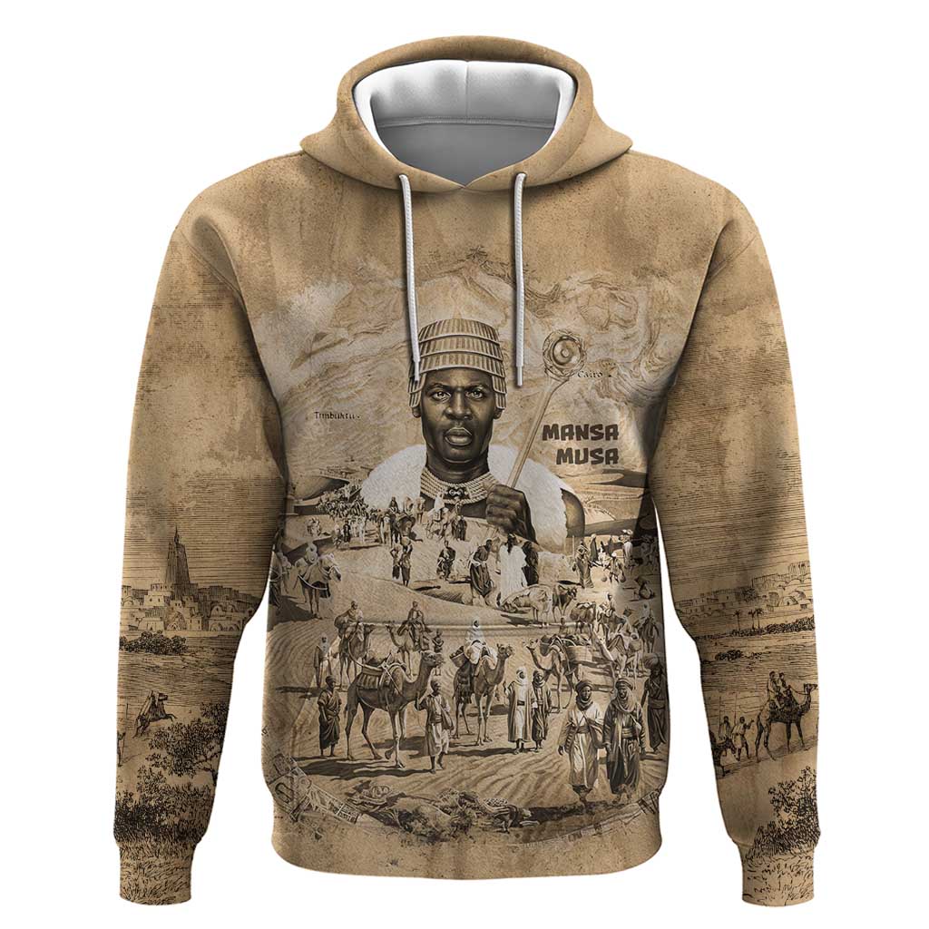 Mansa Musa Zip Hoodie Sepia Map Historic Pilgrimage Empire Expedition 1324 African Royalty Legacy - African Pride