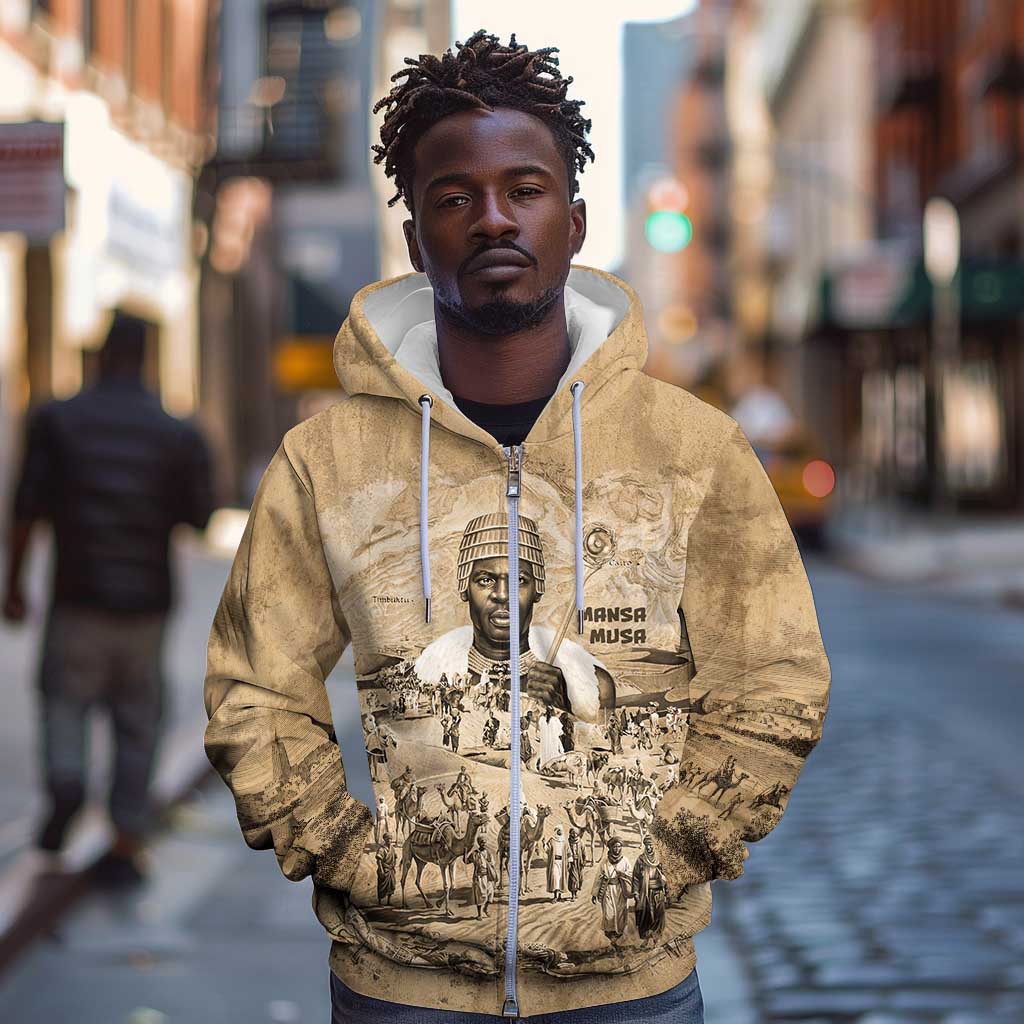 Mansa Musa Zip Hoodie Sepia Map Historic Pilgrimage Empire Expedition 1324 African Royalty Legacy - African Pride