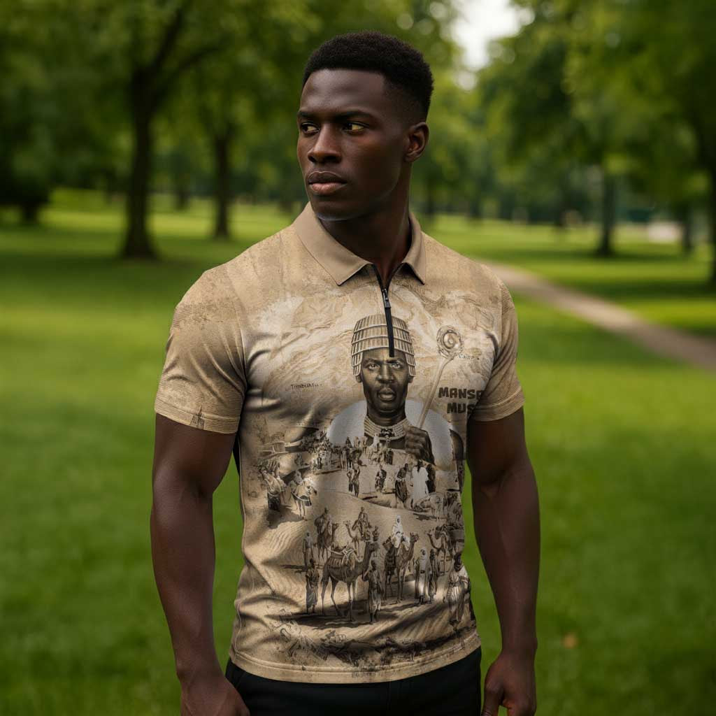 Mansa Musa Zipper Polo Shirt Sepia Map Historic Pilgrimage Empire Expedition 1324 African Royalty Legacy - African Pride
