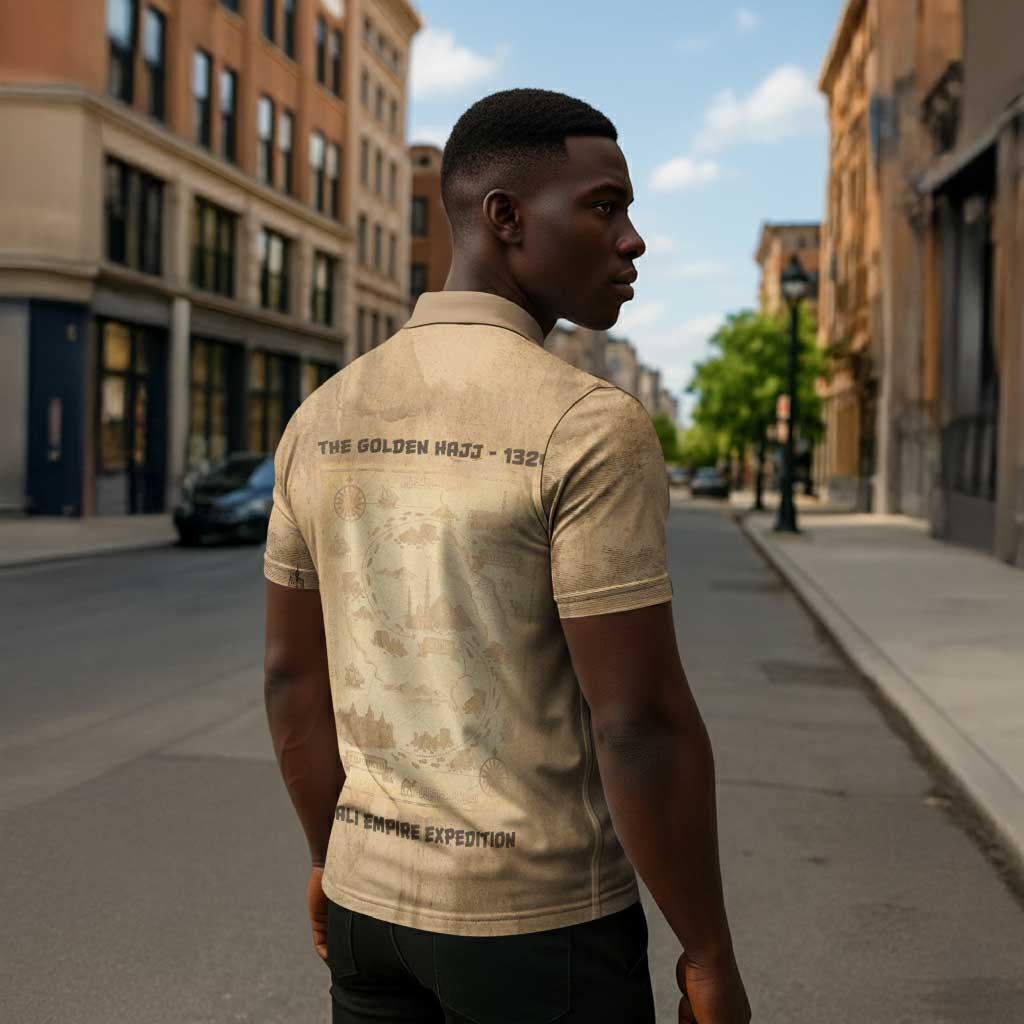 Mansa Musa Zipper Polo Shirt Sepia Map Historic Pilgrimage Empire Expedition 1324 African Royalty Legacy - African Pride