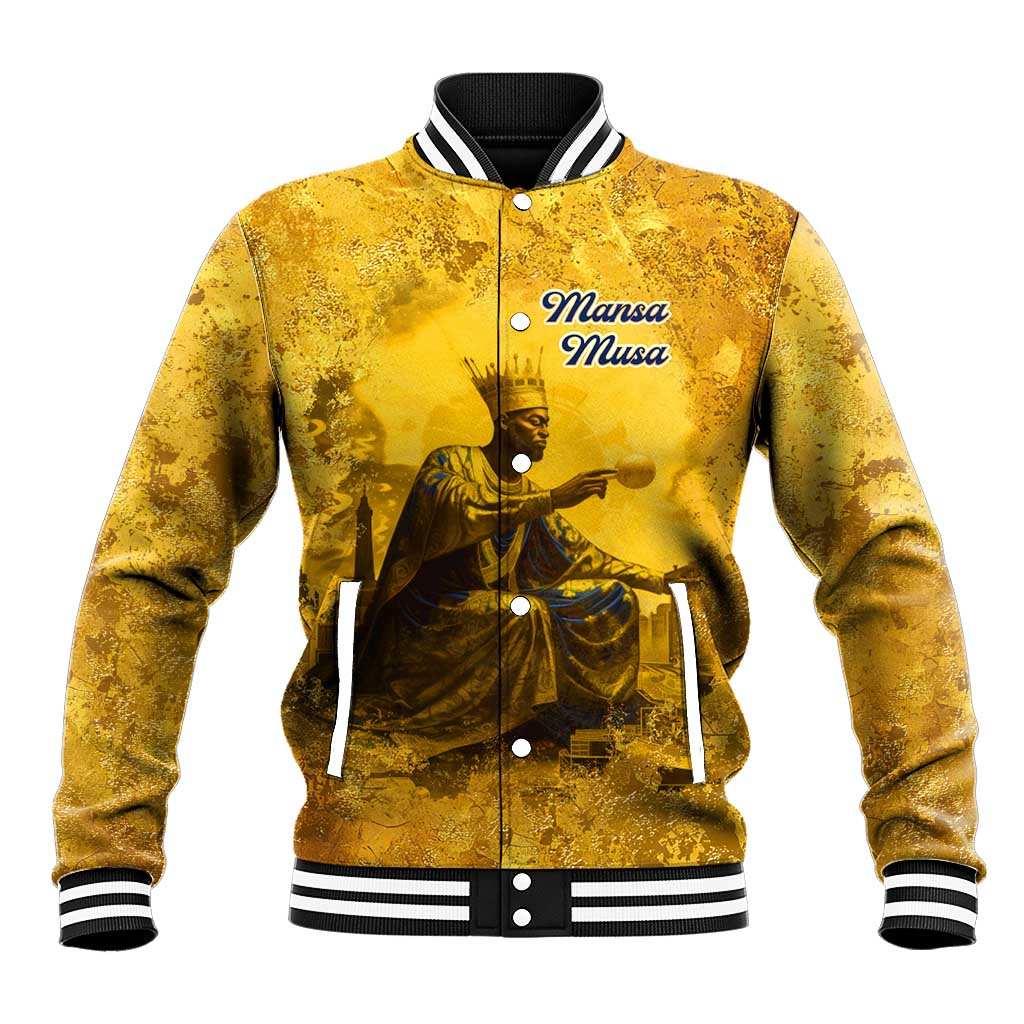 Mansa Musa Baseball Jacket Golden Legacy Theme Ancient Map Regal Portrait of Mali Emperor Timbuktu - African Pride