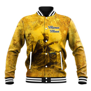 Mansa Musa Baseball Jacket Golden Legacy Theme Ancient Map Regal Portrait of Mali Emperor Timbuktu - African Pride