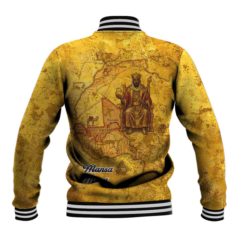 Mansa Musa Baseball Jacket Golden Legacy Theme Ancient Map Regal Portrait of Mali Emperor Timbuktu - African Pride
