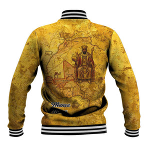 Mansa Musa Baseball Jacket Golden Legacy Theme Ancient Map Regal Portrait of Mali Emperor Timbuktu - African Pride