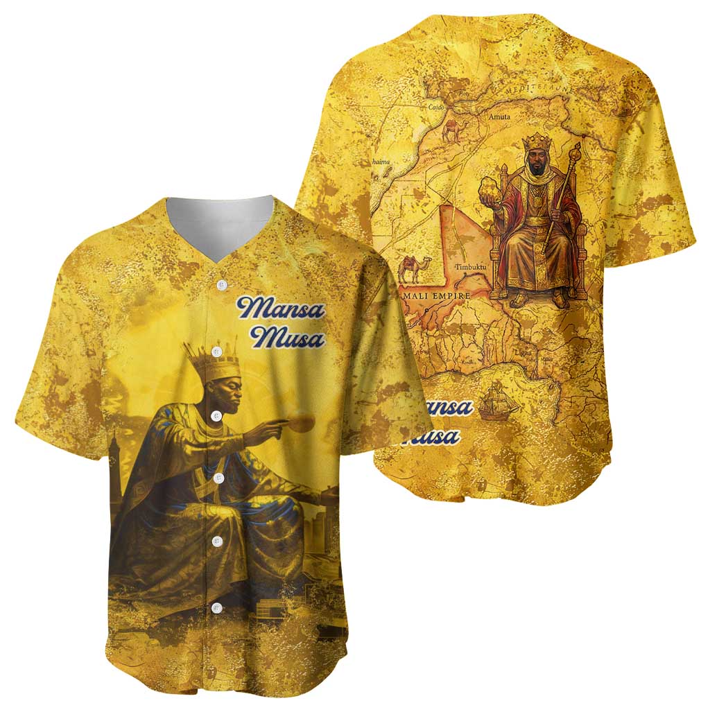 Mansa Musa Baseball Jersey Golden Legacy Theme Ancient Map Regal Portrait of Mali Emperor Timbuktu - African Pride