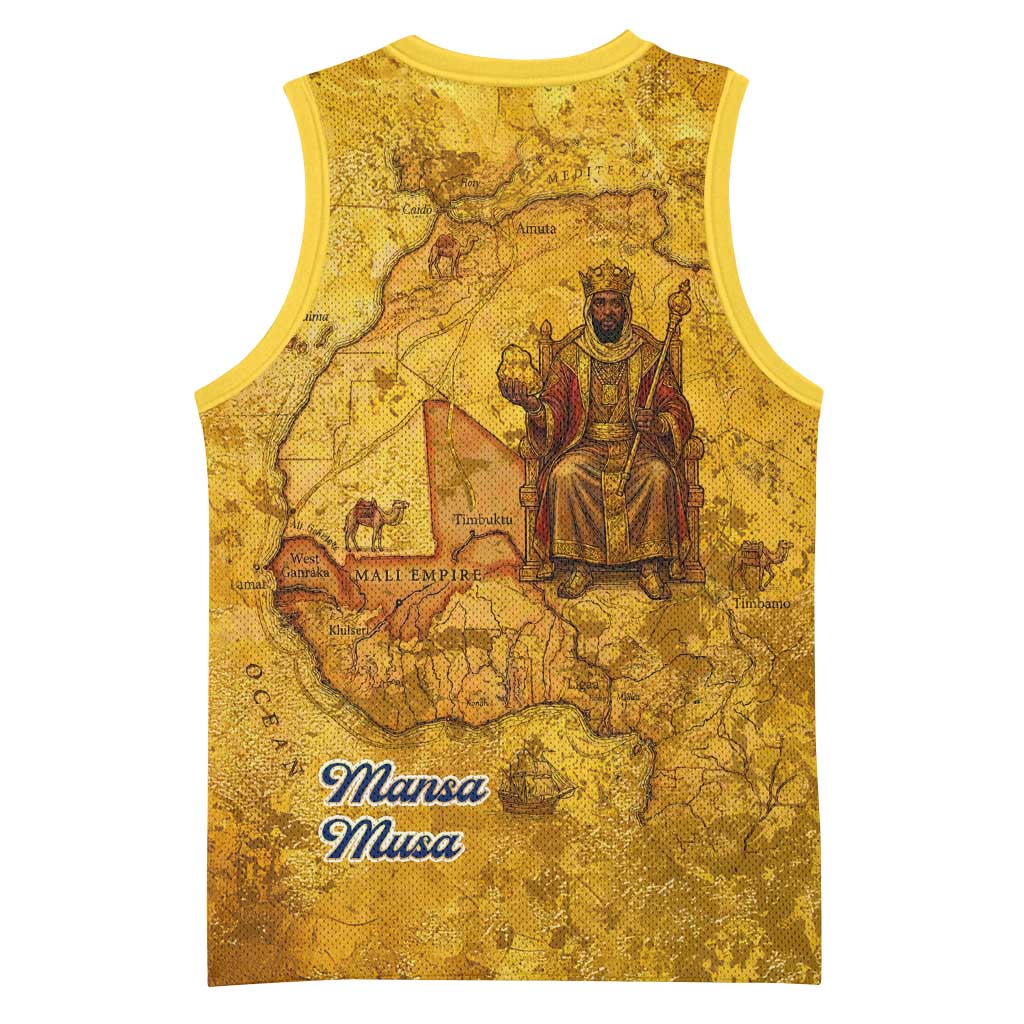 Mansa Musa Basketball Jersey Golden Legacy Theme Ancient Map Regal Portrait of Mali Emperor Timbuktu - African Pride