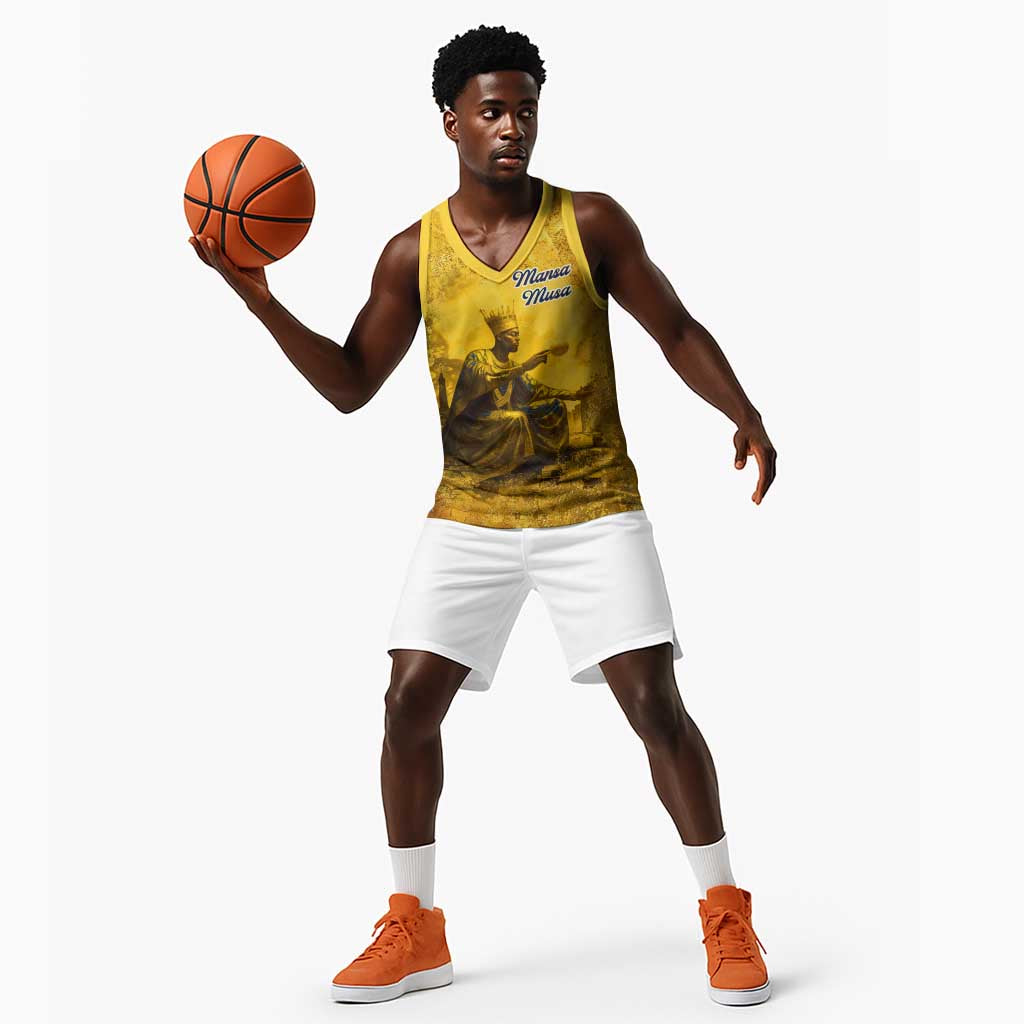Mansa Musa Basketball Jersey Golden Legacy Theme Ancient Map Regal Portrait of Mali Emperor Timbuktu - African Pride