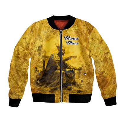 Mansa Musa Bomber Jacket Golden Legacy Theme Ancient Map Regal Portrait of Mali Emperor Timbuktu - African Pride