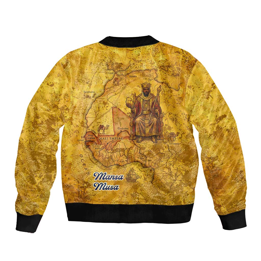 Mansa Musa Bomber Jacket Golden Legacy Theme Ancient Map Regal Portrait of Mali Emperor Timbuktu - African Pride