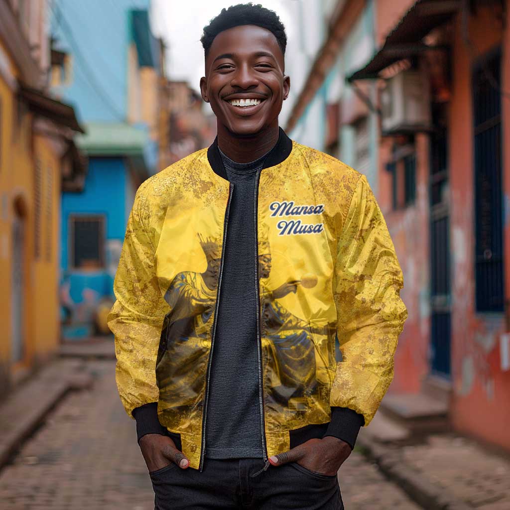 Mansa Musa Bomber Jacket Golden Legacy Theme Ancient Map Regal Portrait of Mali Emperor Timbuktu - African Pride