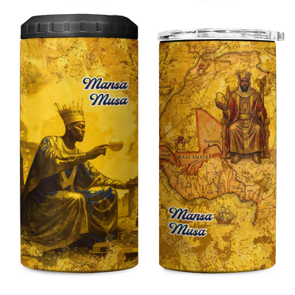 Mansa Musa 4 in 1 Can Cooler Tumbler Golden Legacy Theme Ancient Map Regal Portrait of Mali Emperor Timbuktu - African Pride