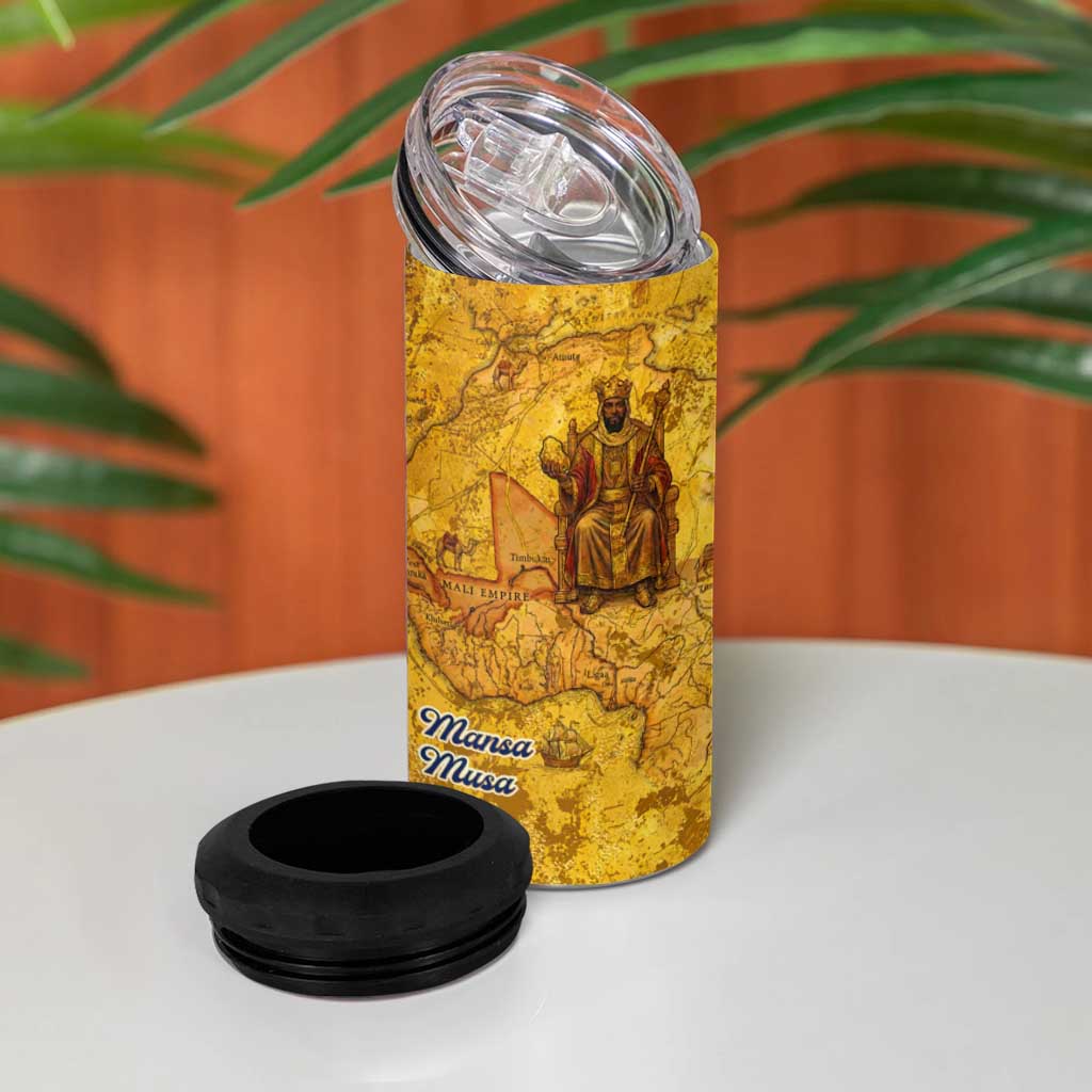 Mansa Musa 4 in 1 Can Cooler Tumbler Golden Legacy Theme Ancient Map Regal Portrait of Mali Emperor Timbuktu - African Pride