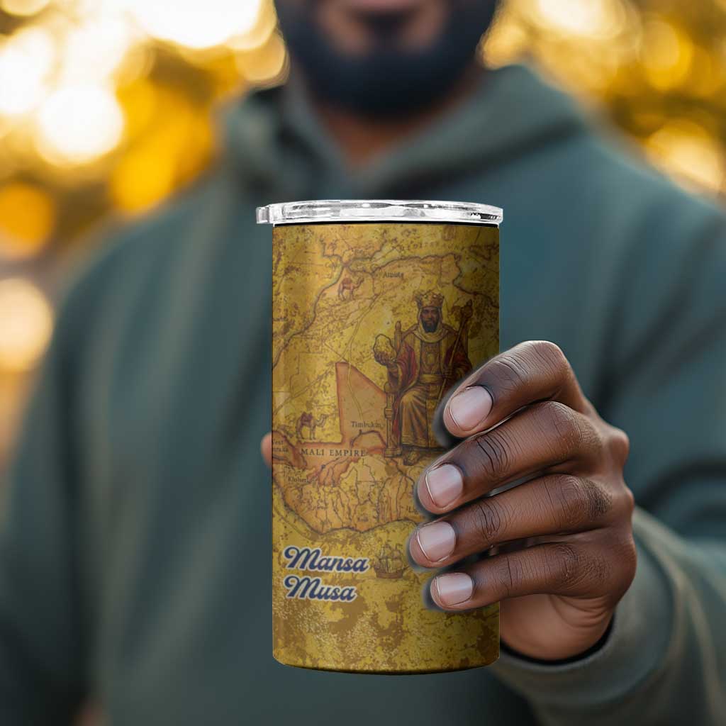 Mansa Musa 4 in 1 Can Cooler Tumbler Golden Legacy Theme Ancient Map Regal Portrait of Mali Emperor Timbuktu - African Pride