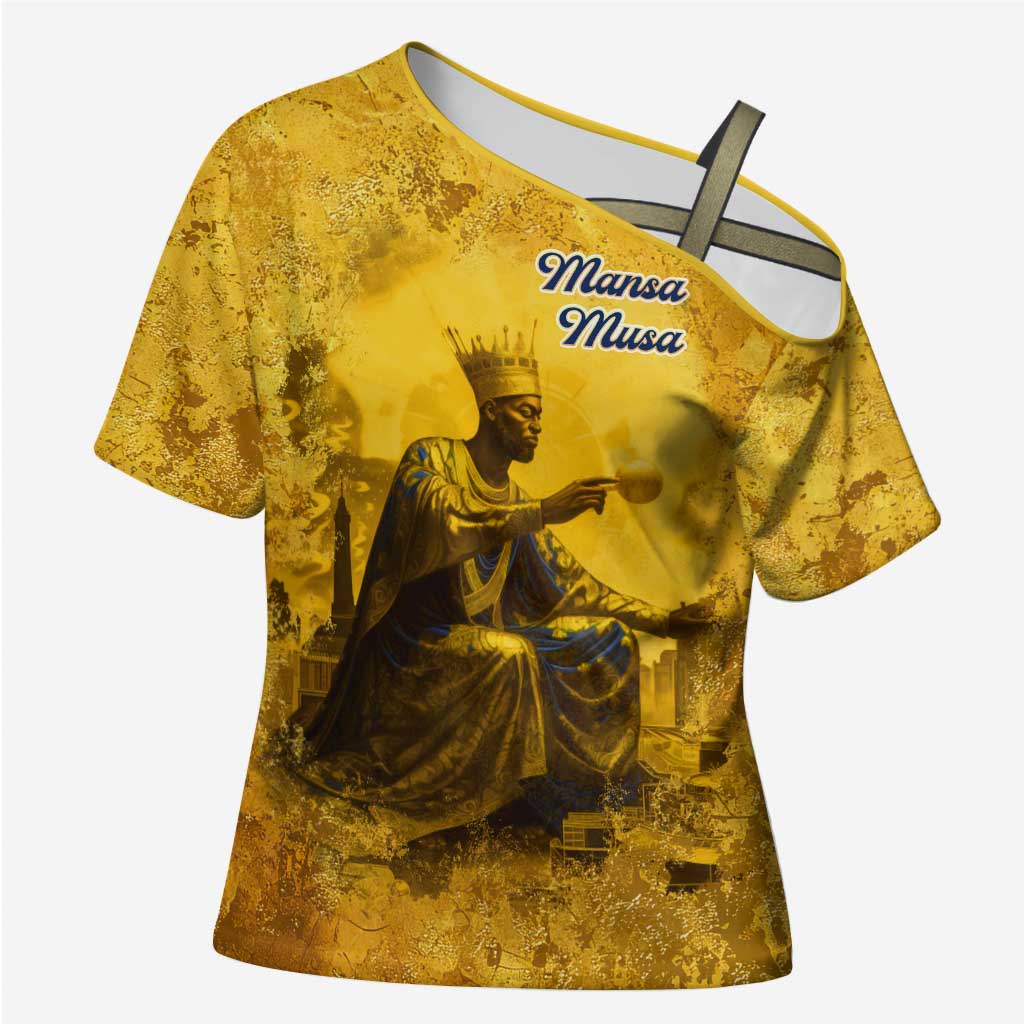 Mansa Musa Cross Shoulder Shirt Golden Legacy Theme Ancient Map Regal Portrait of Mali Emperor Timbuktu - African Pride