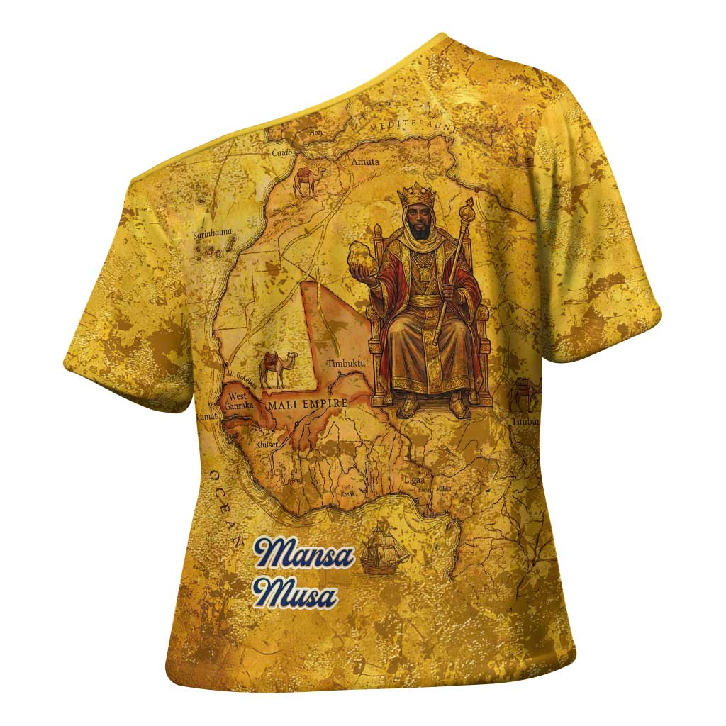 Mansa Musa Cross Shoulder Shirt Golden Legacy Theme Ancient Map Regal Portrait of Mali Emperor Timbuktu - African Pride