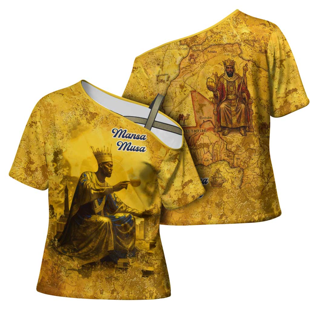 Mansa Musa Cross Shoulder Shirt Golden Legacy Theme Ancient Map Regal Portrait of Mali Emperor Timbuktu - African Pride