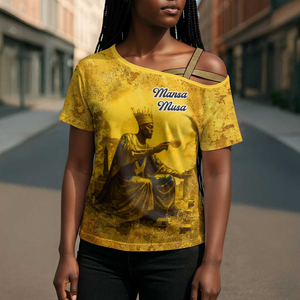 Mansa Musa Cross Shoulder Shirt Golden Legacy Theme Ancient Map Regal Portrait of Mali Emperor Timbuktu - African Pride