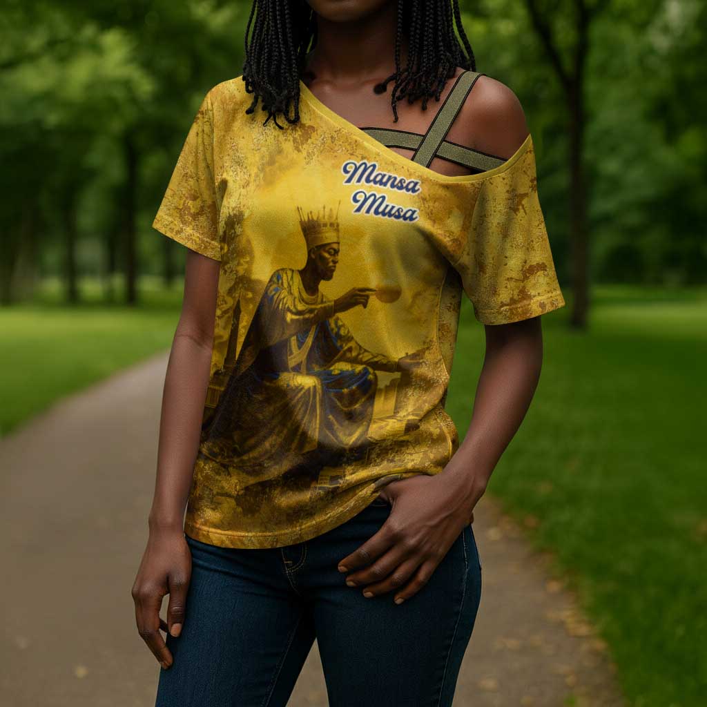 Mansa Musa Cross Shoulder Shirt Golden Legacy Theme Ancient Map Regal Portrait of Mali Emperor Timbuktu - African Pride