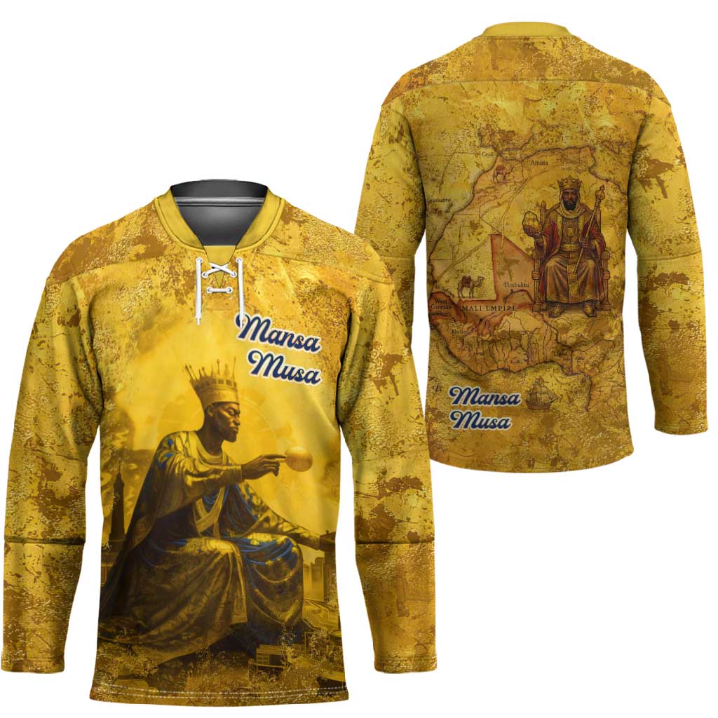 Mansa Musa Hockey Jersey Golden Legacy Theme Ancient Map Regal Portrait of Mali Emperor Timbuktu - African Pride