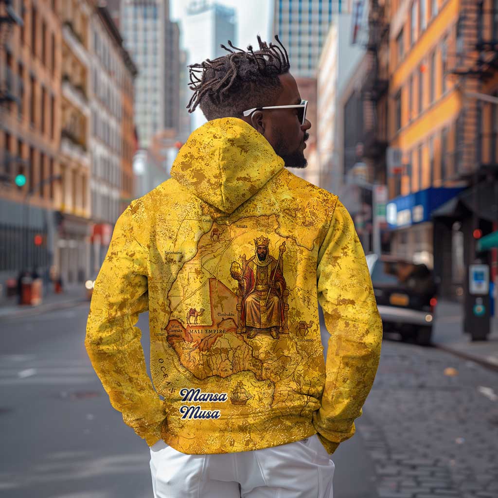 Mansa Musa Hoodie Golden Legacy Theme Ancient Map Regal Portrait of Mali Emperor Timbuktu - African Pride