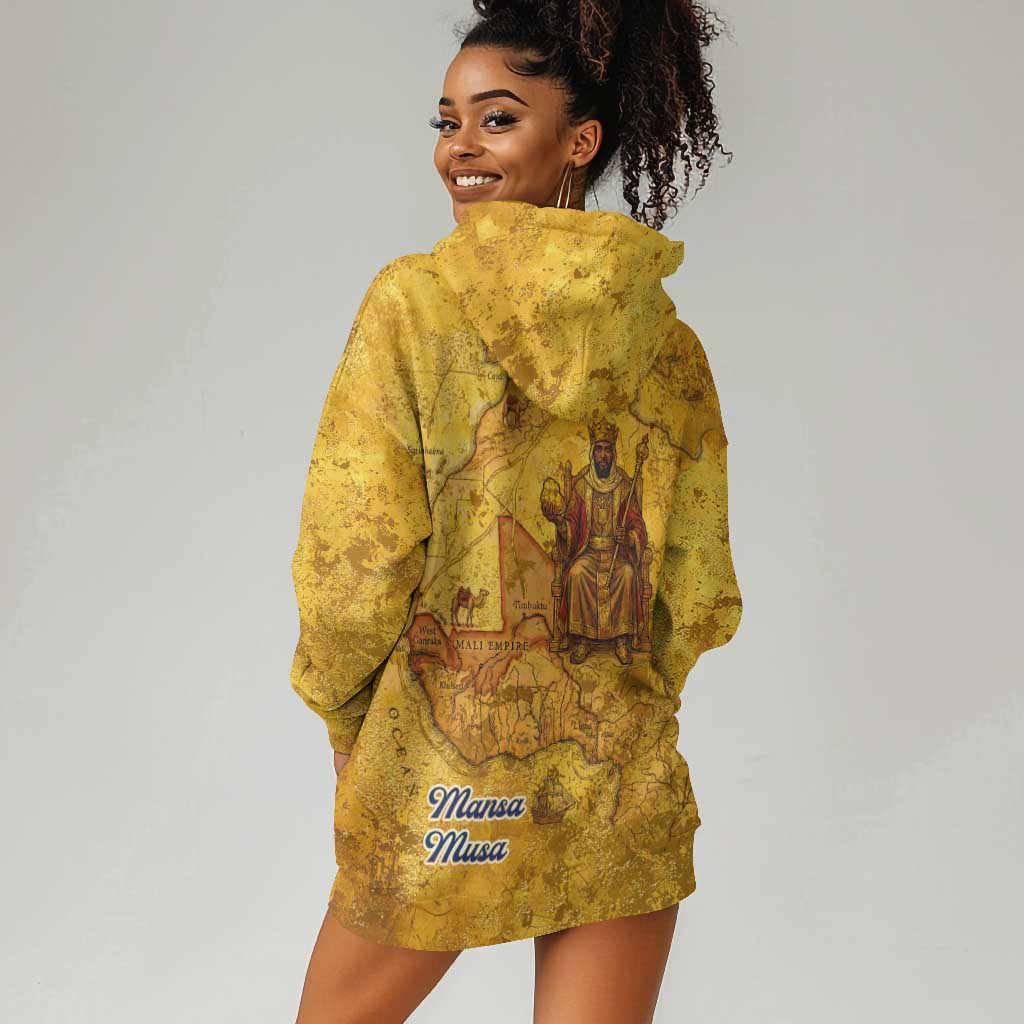 Mansa Musa Hoodie Dress Golden Legacy Theme Ancient Map Regal Portrait of Mali Emperor Timbuktu - African Pride