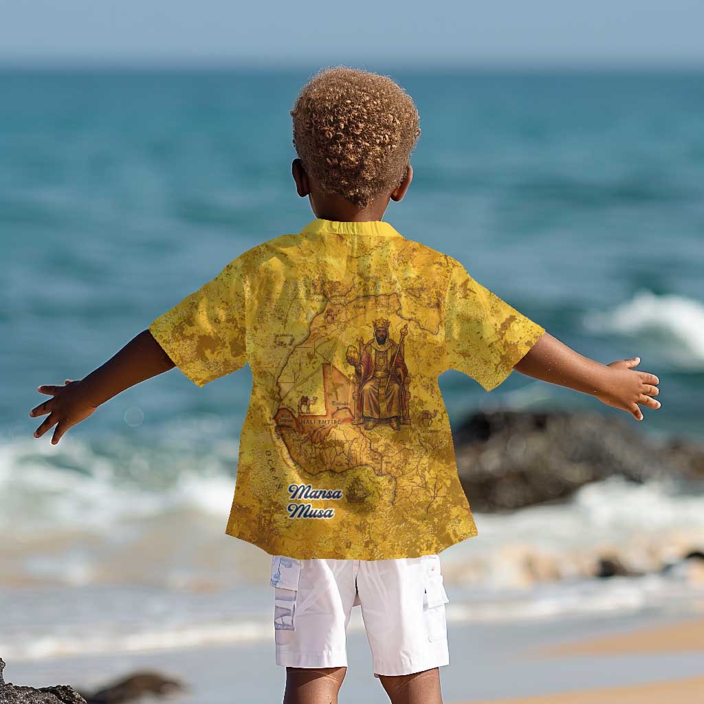 Mansa Musa Kid Hawaiian Shirt Golden Legacy Theme Ancient Map Regal Portrait of Mali Emperor Timbuktu - African Pride