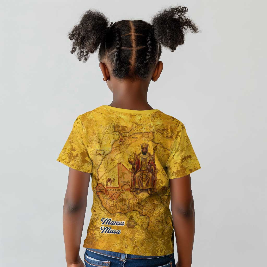 Mansa Musa Kid T shirt Golden Legacy Theme Ancient Map Regal Portrait of Mali Emperor Timbuktu - African Pride