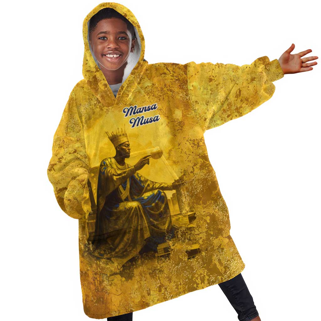 Mansa Musa Kid Wearable Blanket Hoodie Golden Legacy Theme Ancient Map Regal Portrait of Mali Emperor Timbuktu - African Pride