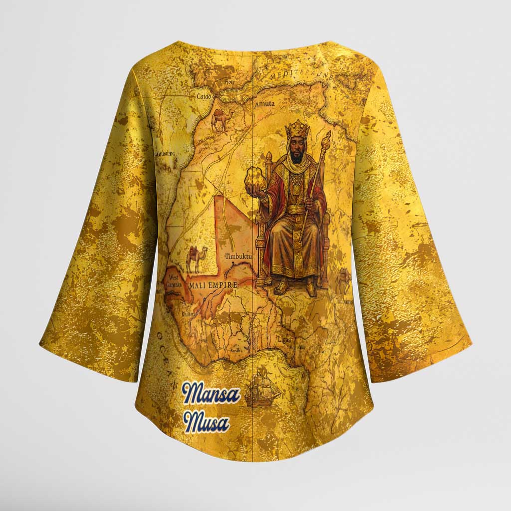 Mansa Musa Kimono Sleeve Blouse Golden Legacy Theme Ancient Map Regal Portrait of Mali Emperor Timbuktu - African Pride