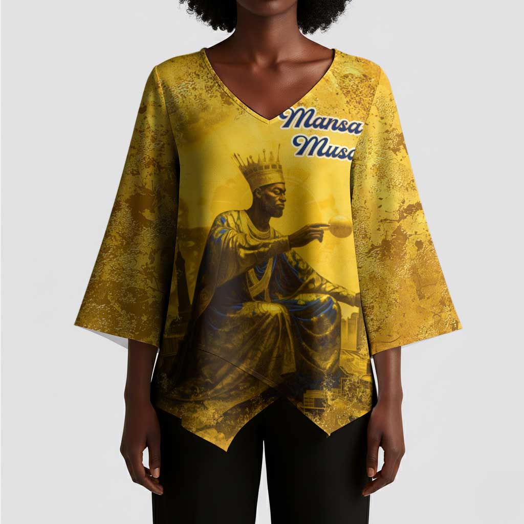 Mansa Musa Kimono Sleeve Blouse Golden Legacy Theme Ancient Map Regal Portrait of Mali Emperor Timbuktu - African Pride