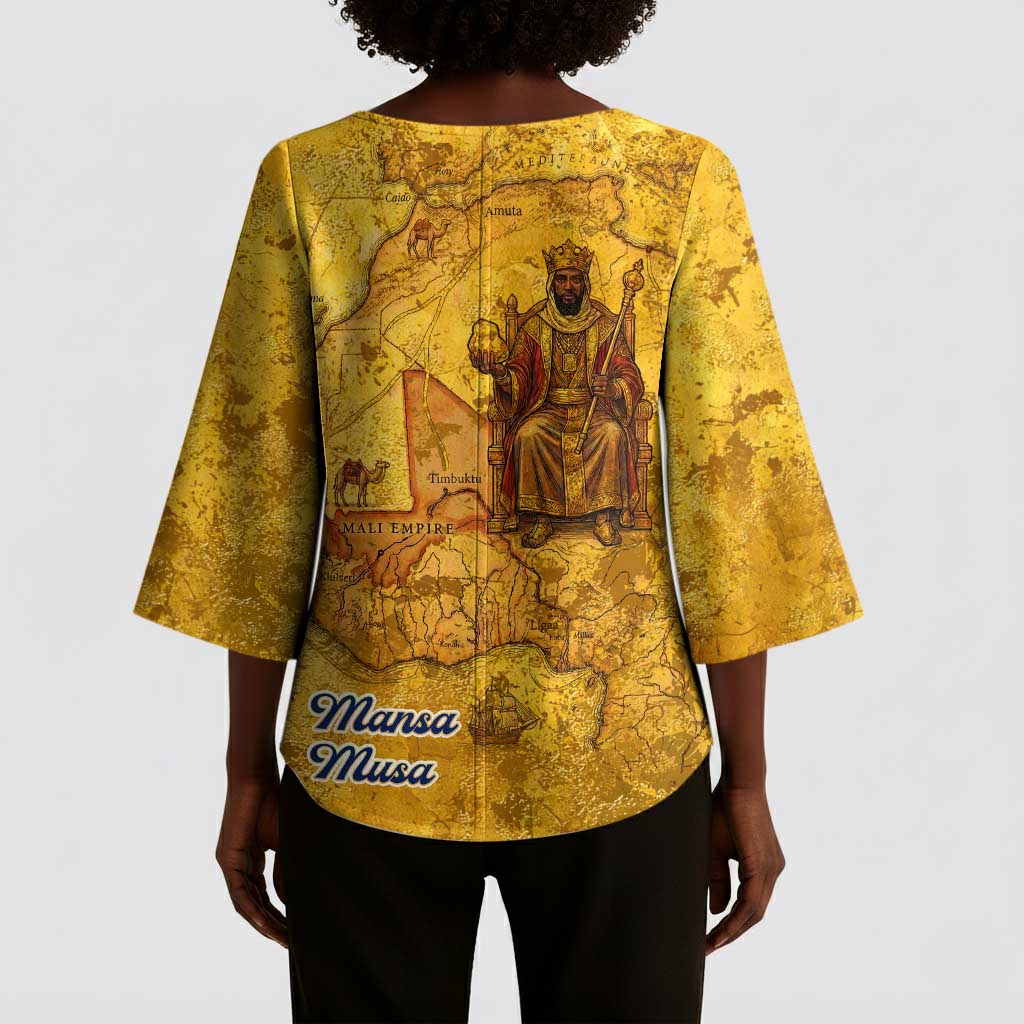 Mansa Musa Kimono Sleeve Blouse Golden Legacy Theme Ancient Map Regal Portrait of Mali Emperor Timbuktu - African Pride