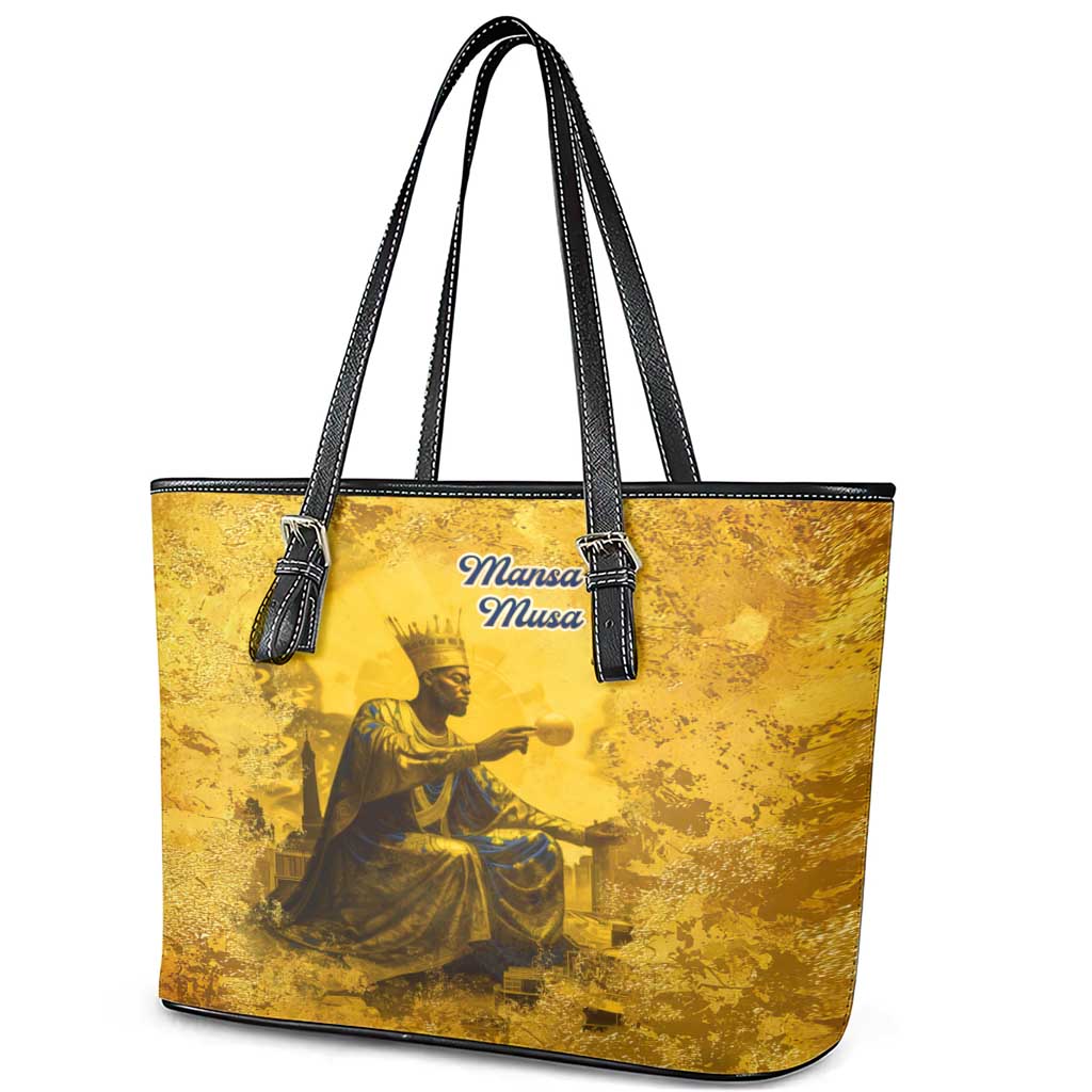Mansa Musa Leather Tote Bag Golden Legacy Theme Ancient Map Regal Portrait of Mali Emperor Timbuktu - African Pride